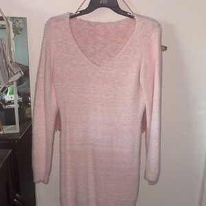 Cozy Light Pink V-Neck Fuzzy Knit Sweater Dress